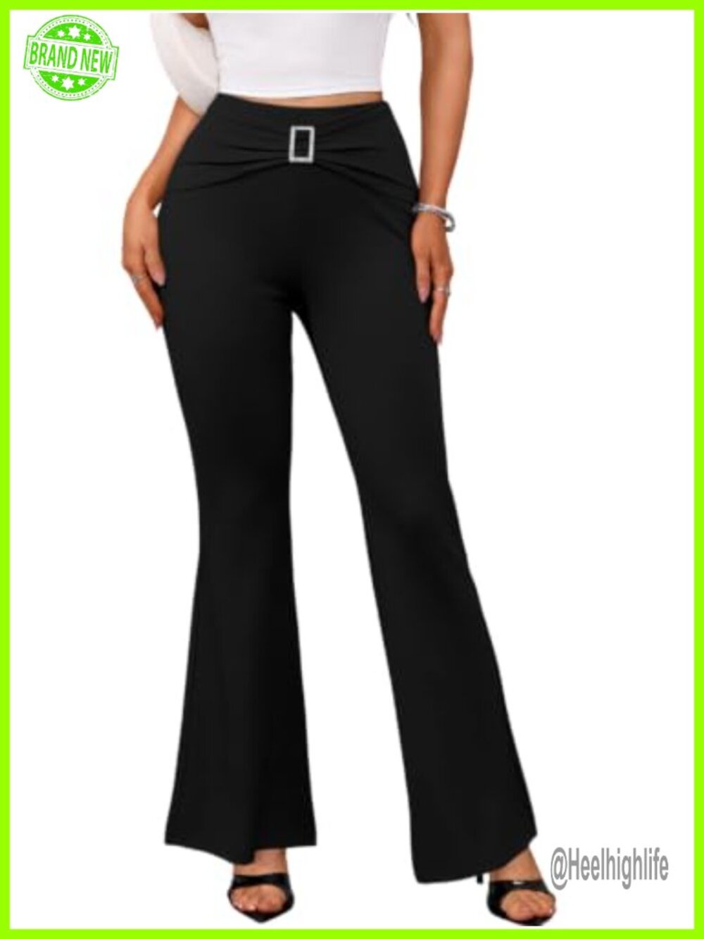 Rhinestone Buckle High Waisted Flare Pants Tummy Control Ruched Twist